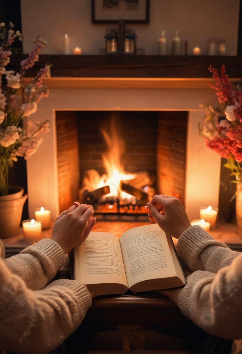 A cozy evening scene of a couple sitting by a fireplace, gently holding hands and smiling at each other, surrounded by soft candlelight and blooming flowers symbolizing love. A warm, inviting atmosphere with heart-shaped decorations and a book titled 'Nurturing Love' resting nearby. super-realistic. warm colors. intimate setting.