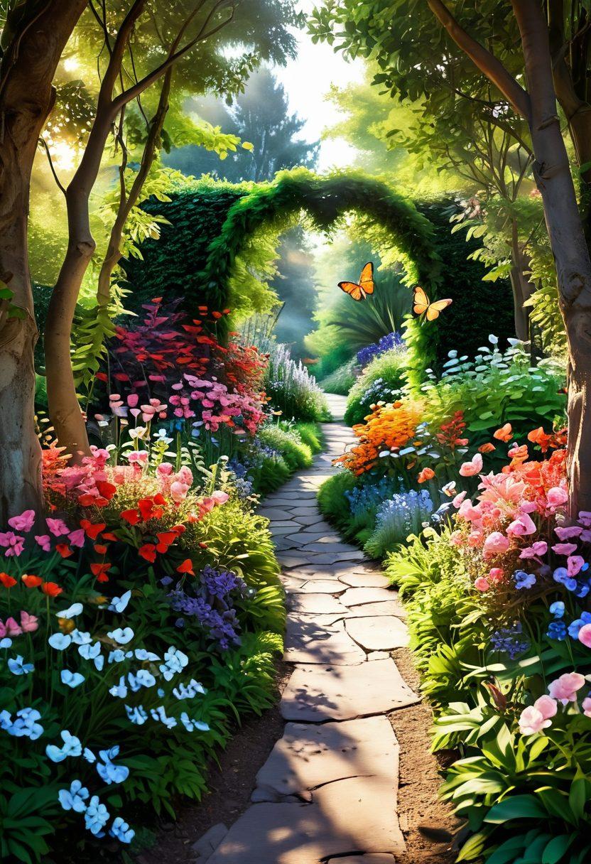A heart-shaped pathway winding through a lush, colorful garden filled with blooming flowers symbolizing love and growth. A couple walking hand-in-hand, gazing at each other with joy and devotion, while soft sunlight filters through the trees, creating a warm, magical glow. Butterflies flutter around, adding a sense of whimsy and romance, with subtle hearts scattered in the background. dreamy illustration. vibrant colors. soft focus.