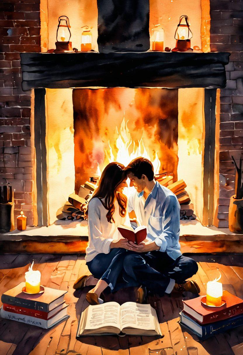 A cozy scene depicting a couple sitting by a warm, glowing fireplace, their hands intertwined, with flickering flames casting soft shadows around them. Surround them with elements symbolizing passion and connection, like glowing heart-shaped lanterns and an open book with love notes scattered around. The atmosphere should evoke warmth, intimacy, and connection. watercolor painting. warm tones.